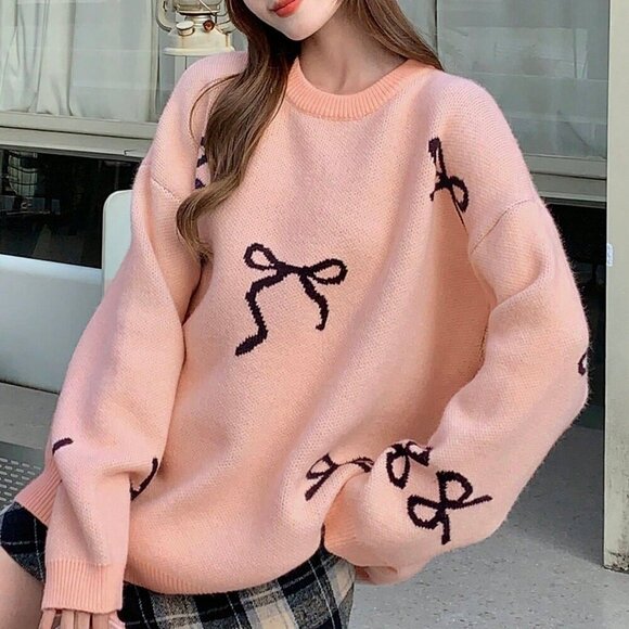 Pink Casual Women's Loose Fit Bowknot detailed Round Neck Long Sleeve Sweater - Picture 3 of 8
